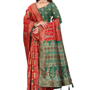 Red & Green Banarasi Silk Saree with Traditional Zari Weaving