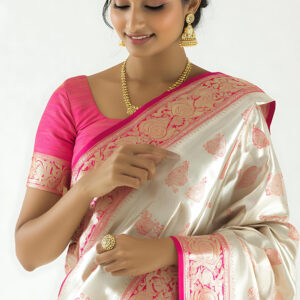 Ivory Silk Saree with Pink Zari Border