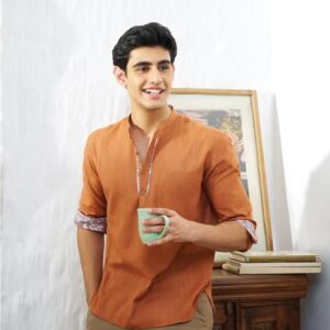 Men’s Cotton Short Kurta – Rust Orange